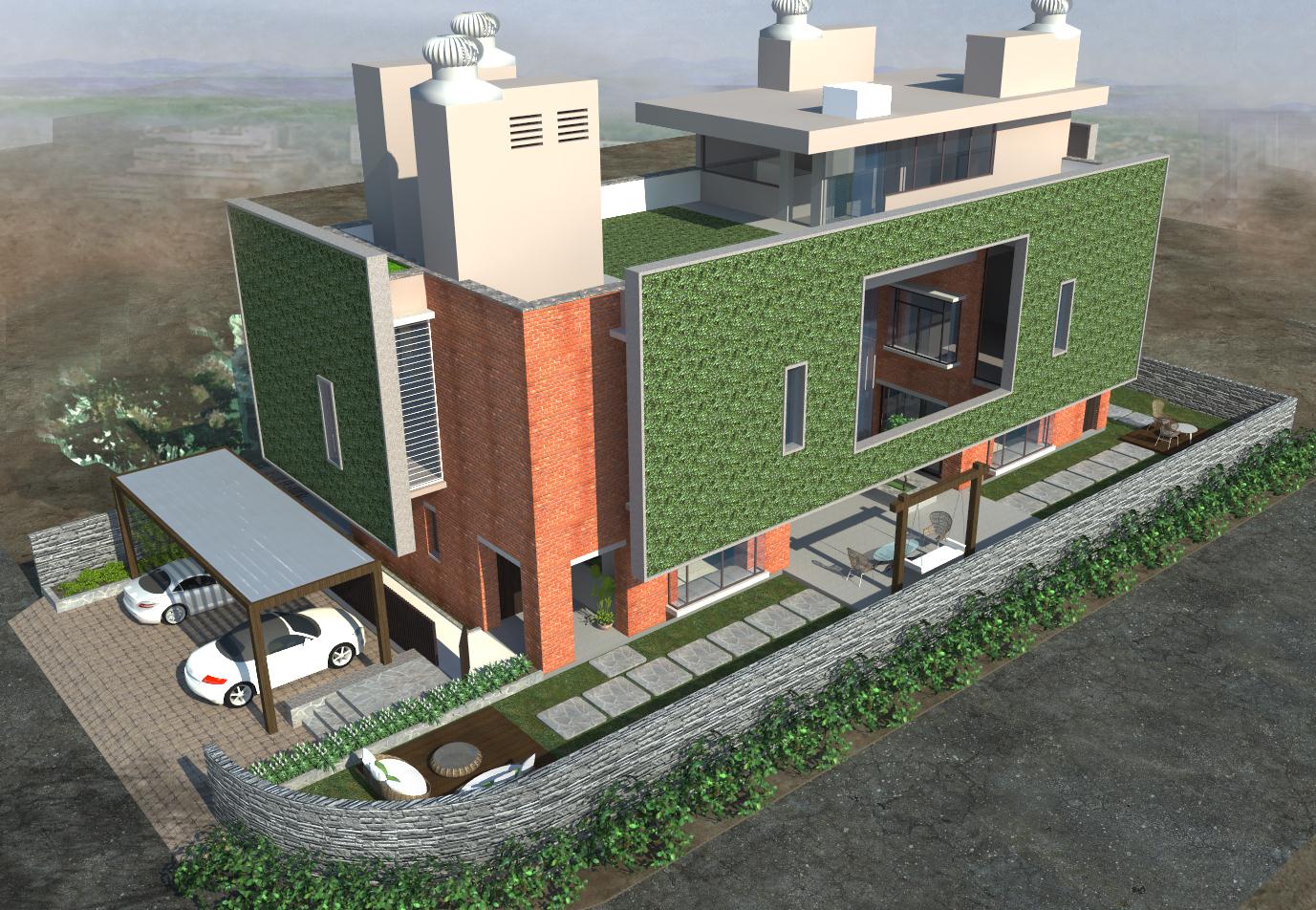 North-east view: living spaces shielded by a vertical garden