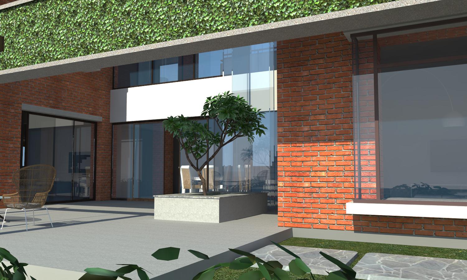 Open sitout shielded by floating vertical garden