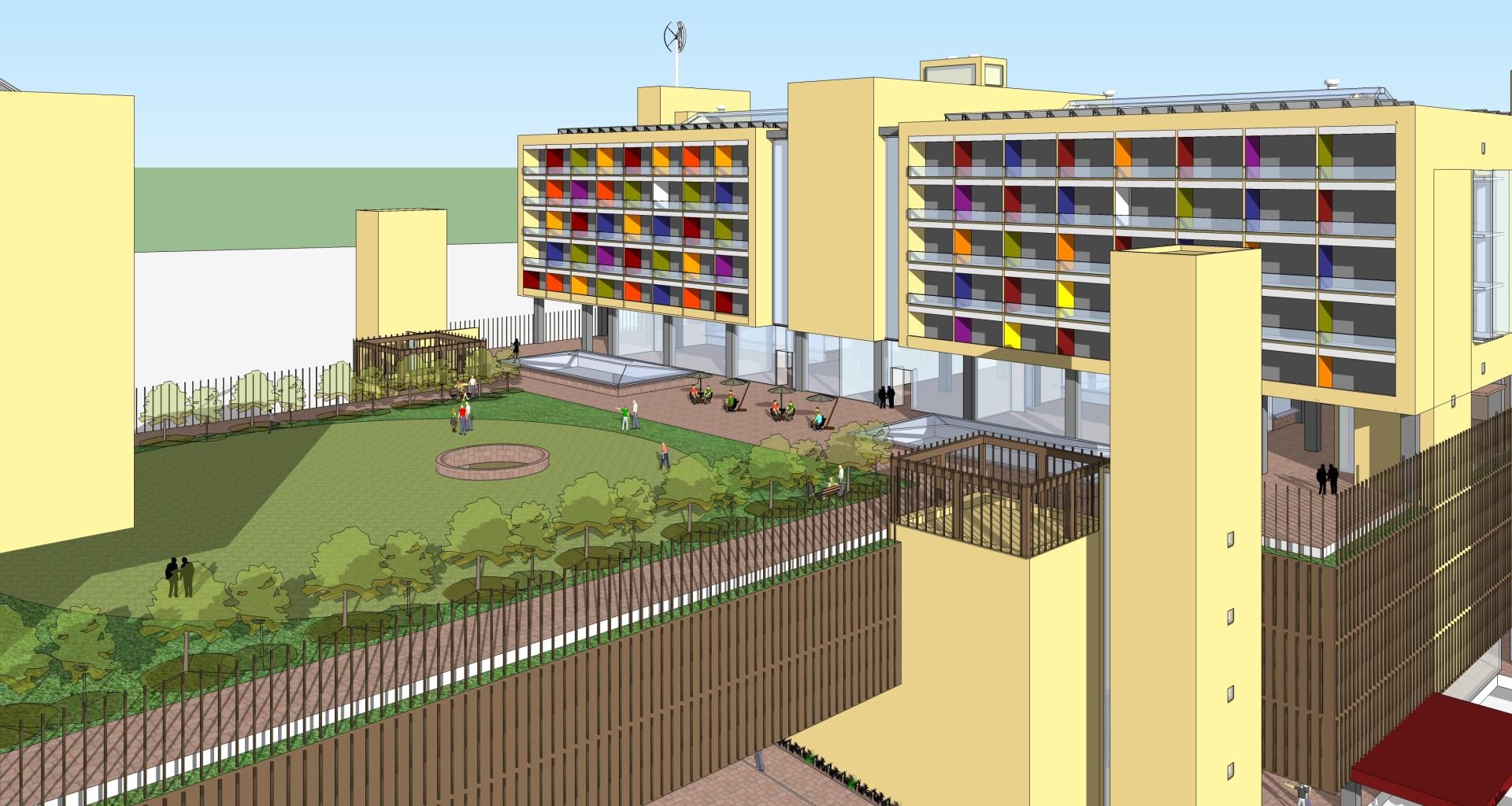 Residential block overlooking recreational court