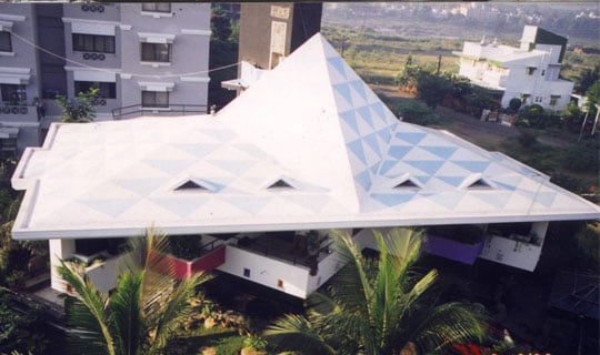 Pyramid roof above meditation hall