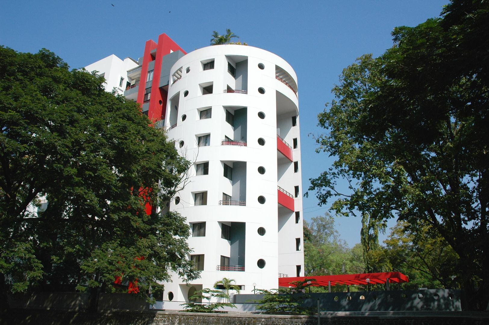 View of 2 residential blocks separated by circulation core