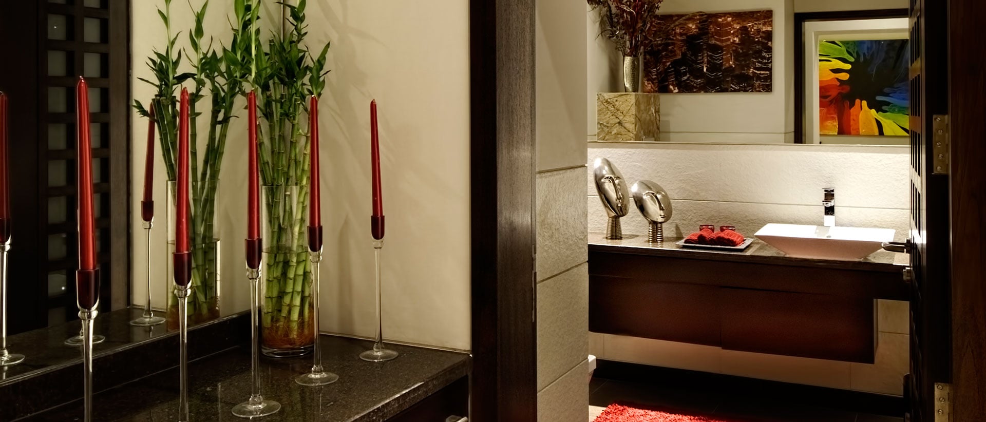Powder room adorned with luxurious eclectic artifacts