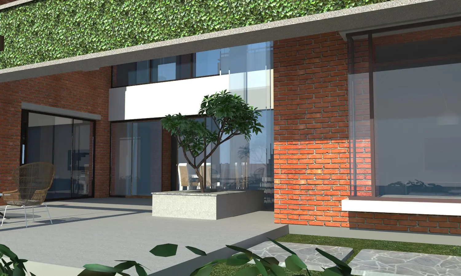 Open sitout shielded by floating vertical garden